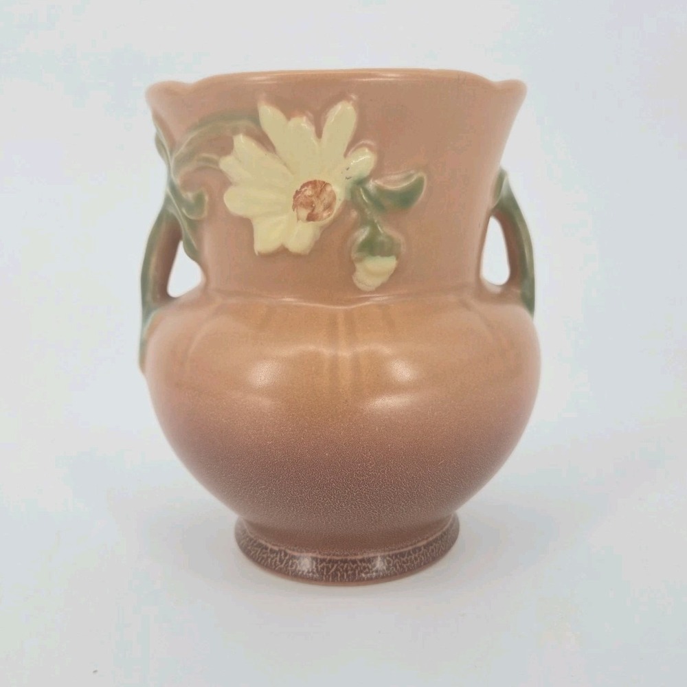 WELLER Pottery 5 3/4" Daisy Double Handle Brown Vase G-5 Matte Glaze Vintage 30s
